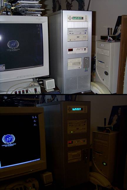 An early shot of my machine soon after upgrading to the new LianLi PC70 aluminum case.Back then, I hadn't yet started into the new "No Beige" rule, nor had I filledall of my drive bays yet. However, I did get a Matrix Orbital text display, and tooksome pictures to show it off.