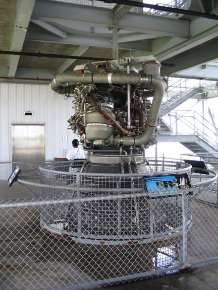 Still in the gantry, I took this picture of a shuttle engine on display. The bell actually extends a bit further down than you can see in this picture, sincethe floor obscures it. This engine was actually used for a number of flights beforebeing retired.