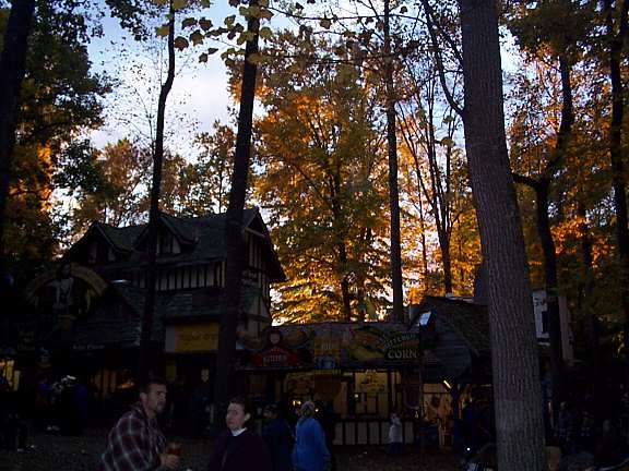 This shot was taken from the edge of the White Hart Tavern atMDRF (Maryland Renaissance Festival), just shortly before thefinal Pub Sing, marking the end of the season. As the sun wassetting, it created an interesting back-lit glow in the trees,aided by the autumn color-change already underway. Click on the thumbnail image to see the full shot. The picture doesn't do it justice. 