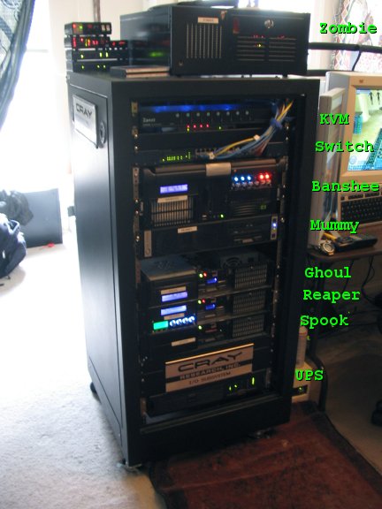 I knew that soon after recabling the rack, I'd soon have a reasonto muck around with it again. :) Today I added another machine in therack, and re-arranged things a bit. As you can see, I have "<A href="http://www.cray.com">Cray</A>" nameplates,made of machined aluminum, in the mix here. As we all know, putting "Cray" on the side makes it go faster. :) (The plates are from actual Cray computers. I'm not sure what model theycame from, though I believe the <A href="/share/images/cray-x-mp.jpg">Cray X-MP</A>models had such plaques [<A href="/share/images/cray-xmp-large.jpg">another picture</A>]) As usual, not pictured here are Liche and Vampire.