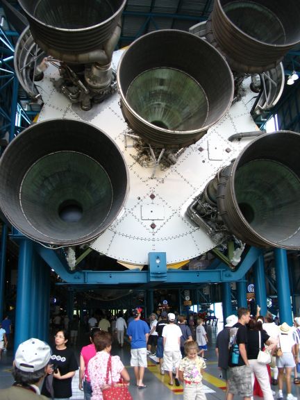 The back end of the Saturn-V rocket on display in the bus-tour. I angled this shot toinclude people for scale.