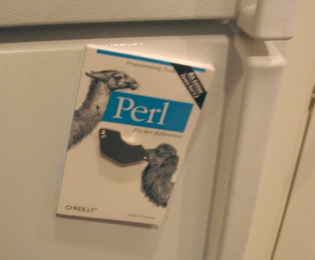 This is what happens when geeks get to decorate in the kitchen.A highly powerful magnet taken from a hard disk is enough to stick a Perl book to the refridgerator. :)