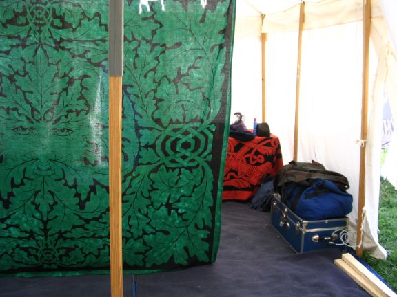 Inside the tent. The green-man tapestry worked well as a privacy curtain. 