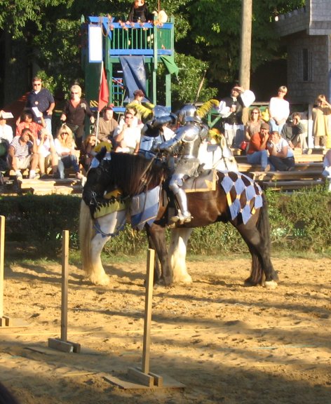 The jousters engaged in rattan baton/sword whack-a-molefrom horseback.