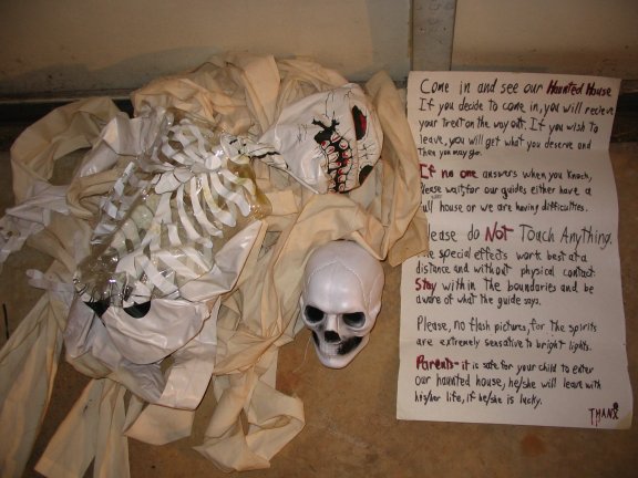 Some old relics from my Haunted House back in the 80's. Mummywrappings, inflatable skeleton, blown plastic skull, and thecrappy rules sign for the front door.