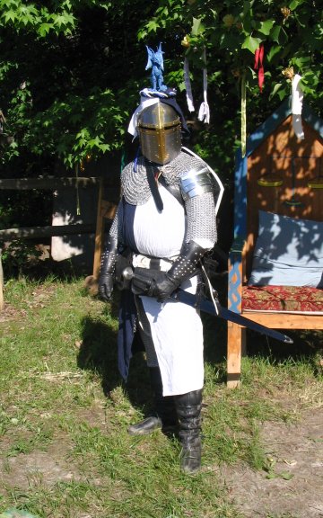 Me, sporting the new sword, and crest + mantle + torse on the helm. <A href="//varf.org/">VARF</A>