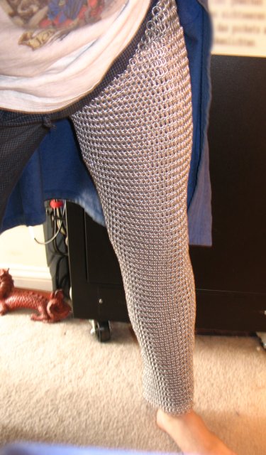 Test-fitting the first of my new mail chausses, made from one of the Thinkgeek chainmail shirts.