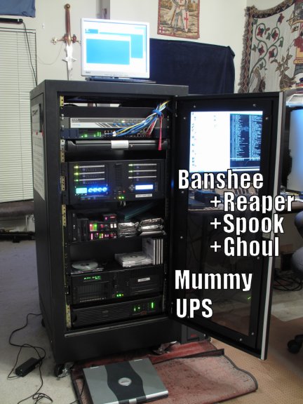 Updated rack photo, after de-racking about five machines andbuilding one new one that can run Xen for virtualization. Oncebeefy machine that can run multiple concurrent OSes will befar more space and electricity efficient going forward.