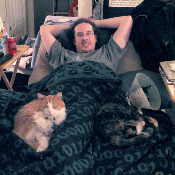 During Pixel's fight with cancer.Both cats sitting with the warm /dev/blanket.